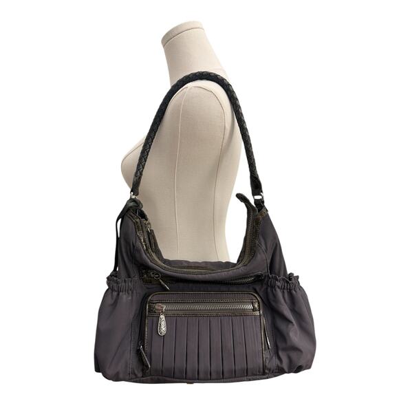 Vintage 00s Brighton Dark Gray Nylon & Crocodile Leather Trimmed Shoulder Bag - Picture 2 of 13